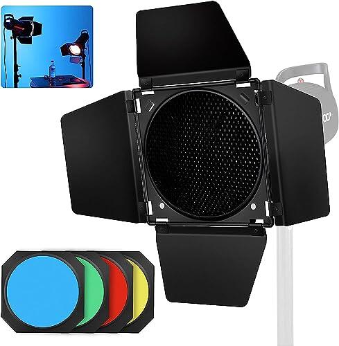 Soonpho BD-04 Barn Door Puerta de Granero de Metal y Rejilla de Nido de Abeja y 4 Filtros de Gel de Color para Montaje Bowens Compatible para GODOX LED Video Light para NEEWER Amaran Aputure