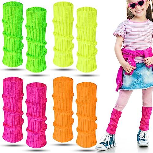 Giegxin 4 pares de calentadores de piernas de neón de Halloween para niñas y niños pequeños, calcetines de punto acanalado de los años 80, accesorios para fiesta de yoga, Colores frescos, S