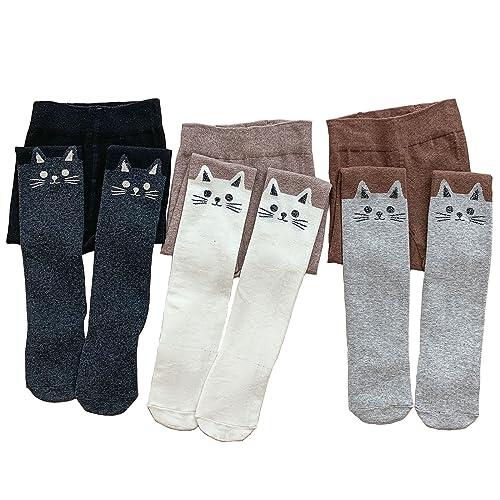 Silkglory 3 PCS Medias Niña,Medias para Niñas Con Gatito a Juego de Colores Decoración Linda Pie Completo,Leggings Medias Mallas de Algodón Recién Nacido Bebé Niño Gris/Negro/Blanco 5-7 Años