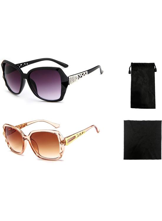 2 gafas de sol modernas para mujer, 1 paño para gafas y 1 bolsa para gafas, gafas de sol para mujer con montura grande, gafas de sol polarizadas clásicas, protección UV