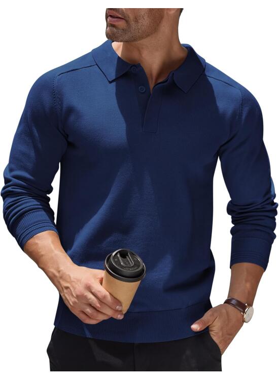 COOFANDY Jersey para Hombre Cuello Polo Manga Larga Suéter de Punto Negocios Suéter Informal Sweater Básico Color Sólido Regular Fit