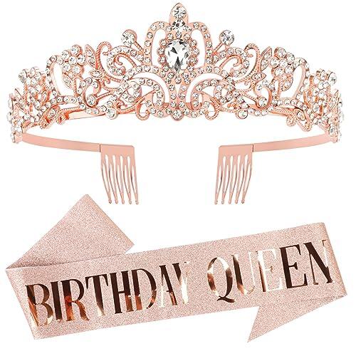 DRESHOW Corona y Fajín de Cumpleaños para Mujer Fajín de Reina de Cumpleaños y Tiara de Strass Set Tiaras y Fajines de Cumpleaños para Niñas Decoraciones de Cumpleaños Accesorios para el Pelo