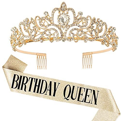 DRESHOW Corona y Fajín de Cumpleaños para Mujer Fajín de Reina de Cumpleaños y Tiara de Strass Set Tiaras y Fajines de Cumpleaños para Niñas Decoraciones de Cumpleaños Accesorios para el Pelo