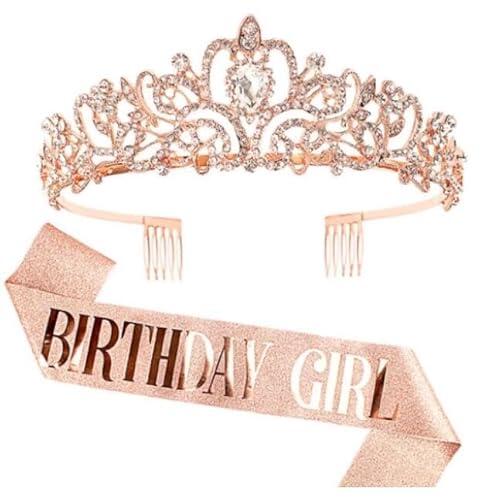 DRESHOW Corona y Fajín de Cumpleaños para Mujer Fajín de Cumpleaños para Niña y Tiara de Strass Set Decoraciones de Cumpleaños Accesorios para el Pelo Fajín de Purpurina para Fiesta