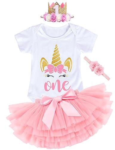 YYDSXK Traje Primer Cumpleaños para Bebés y Niña 1 Año, 4 Piezas Set de Ropa Mameluco, Falda de Tutú Rosa, 2 Piezas Diadema, Conjunto per la Fiesta, Fotografía