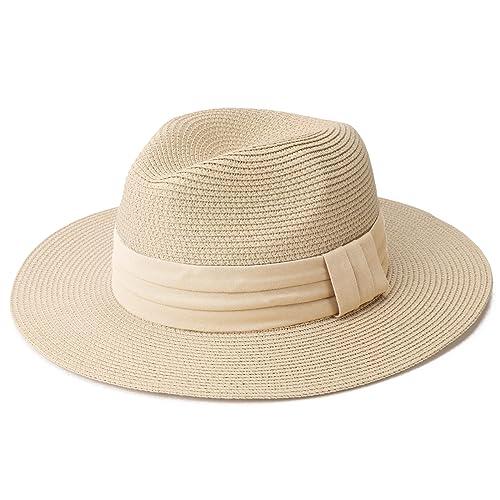 DRESHOW Mujeres Sombrero de Panamá de Paja Para Verano y Playa - Fedora de ala Ancha UPF 50+