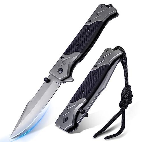 Rolgno Navaja, Cuchillo Plegable de Acero Inoxidable, Portátil Cuchillo EDC con Clip de Bolsillo, Cuchillo Supervivencia, Camping Antideslizantes, Regalo para Hombre Padre