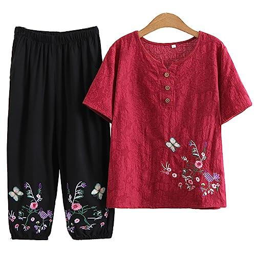 QPZK Mujeres Tang Suit Hanfu Ropa Tradicional China, Ancianos Tai Chi Uniformes para Mujeres Arte marcial Kung Fu Bording Borded Camiseta de Manga Corta y Pantalones Red-XL