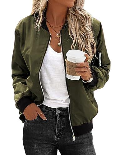 Zeagoo Chaqueta Bomber para Mujer Chaqueta De Aviador Fina Y Ligera Chaqueta Cazadora Verde con 2 Bolsillos Cremallera para Primavera Verano Otoño L