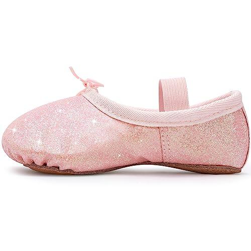 Zapatos de ballet para niñas, zapatos de ballet con purpurina, zapatillas de baile de piel, suela completa, zapatos planos para niños y niños pequeños para danza, rendimiento y gimnasia, Pink, 33 EU