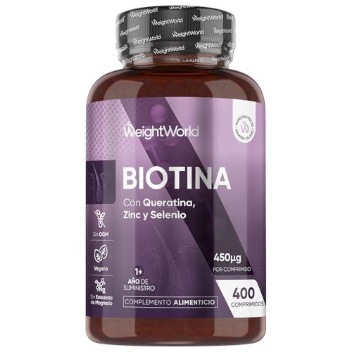 Biotina con Queratina, Zinc y Selenio - 400 Comprimidos Veganos para +1 Año de Suministro - Complejo de Vitamina B7 para Mujer y Hombre, Sin OGM