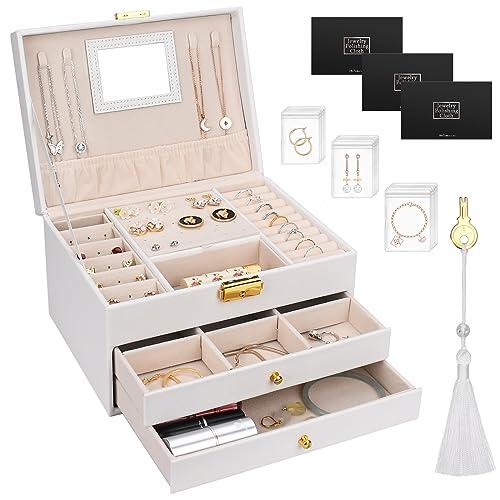 TAVADA Caja Joyero de 3 Niveles,Joyeros Mujer Organizador,Estche de Joyería,Organizador Joyas Cuero PU con 2 Cajones,Incluye 1borla y 3 paño para pulir plata para Pendientes,Anillos,Collares