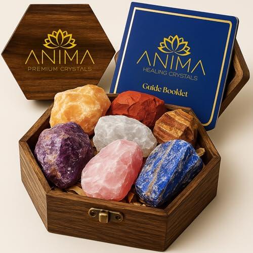 Anima Cofre Premium de Cristales 7 Chakras – Piedras Naturales en Bruto: Amatista, Cuarzo Rosa, Citrino, Lapislázuli, Cuarzo Blanco, Ojo de Tigre, Jaspe Rojo – Caja de Madera y Guía Incluida