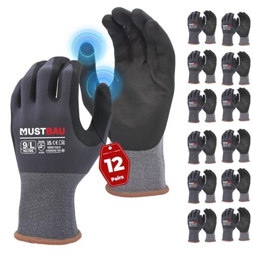 Mustbau 12 Pares de Guantes de Trabajo con Pantalla Táctil, Guantes de Nitrilo Resistentes a la Abrasión, Excelente Agarre Adecuados para Jardinería, Mecánica, Construcción (Gris,L)