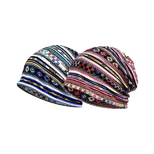 2 sombreros con patrón geométrico, turbante multifunción, para mujer, envoltura holgada, estilo étnico, gorro elástico de algodón, multicolor, M-L