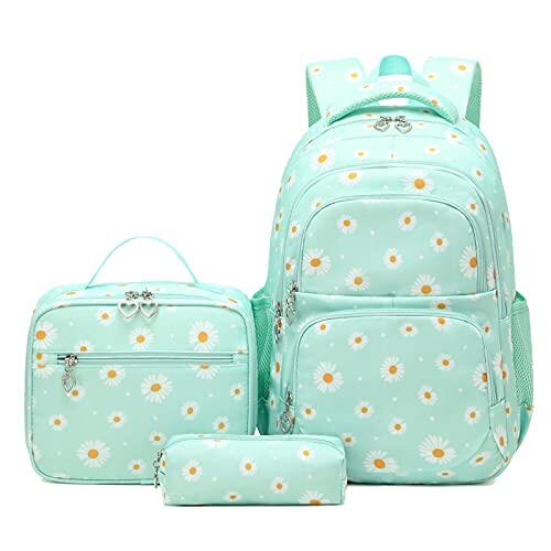 SIVENKE Juego de mochila escolar con estampado de margaritas, bolsa de almuerzo, estuche para lápices, 3 piezas, para adolescentes, niñas, niños, primaria, secundaria, resistente al agua, ligera
