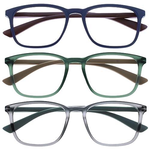 OPULIZE Max Gafas de Lectura - Pack de 3 - Marco Rectangular Clásico Grande - Azul Mate Verde Gris - Unisex Hombres Mujeres - Bisagras de Resorte - RRR78-367 - +2.00