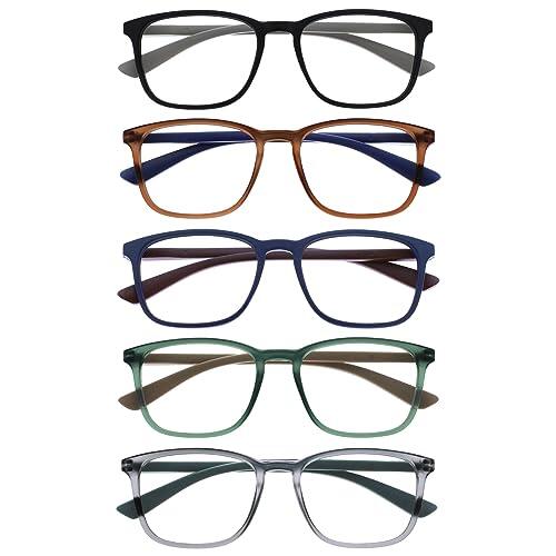 OPULIZE Max Gafas de Lectura - Pack de 5 - Marco Rectangular Clásico Grande - Negro Mate Marrón Azul Verde Gris - Unisex Hombres Mujeres - Bisagras de Resorte - RRRRR78-12367 - +1.50