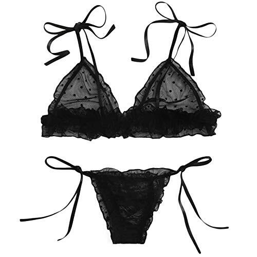 rtdgcv Sexy Strapse Dot Vendaje Set Mujer Sujetador Encaje Traje Térmico Hombre, Negro , L