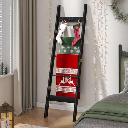 Hzuaneri Escalera decorativa para mantas con 4 ganchos extraíbles