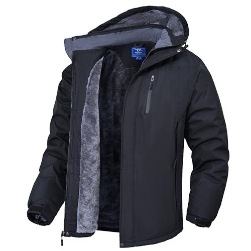 Zzkouine Chaqueta softshell de invierno para hombre, impermeable con forro polar y capucha extraíble, impermeable y resistente al viento, Negro , L