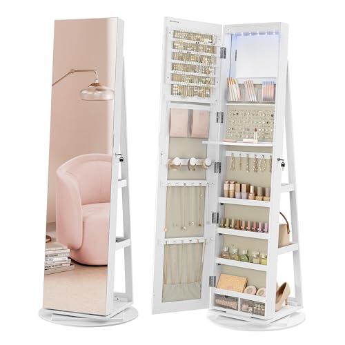 SONGMICS Espejo Joyero con 6 LEDs, Armario de Joyas de Giro de 360°, Organizador de Joyería Giratorio, sin Marco, Espejo Completo, 3 Estantes, Superficie Blanco, Forro Greige JJC007W02
