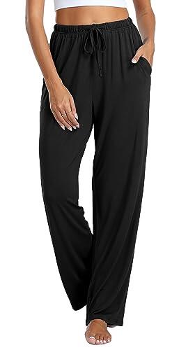 Vlazom Mujer Pantalones de Pijama Largo, Suave Modal Lounge Pantalones de pierna ancha Casual Inicio Pantalones con bolsillos(M,Negro)