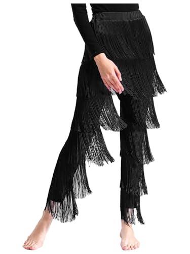 Nyeemya Pantalones De Baile Latino Traje De Rendimiento De Tango Cha-Cha Pants Cintura Elástica Pantalones con Flecos Escalonados Negro L