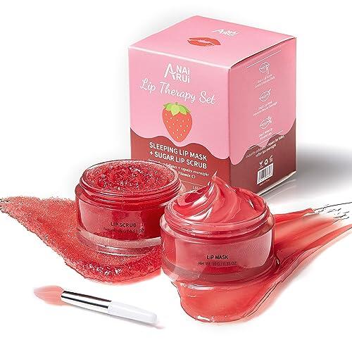 ANAiRUi Lip Care Set - Lip Balm Mask y Lip Sugar Scrub Set, Mascarilla Labios y Exfoliante Labial, Overnight Lip Treatment For Dry, Chapped, Peeling Lips (Berries + VC)