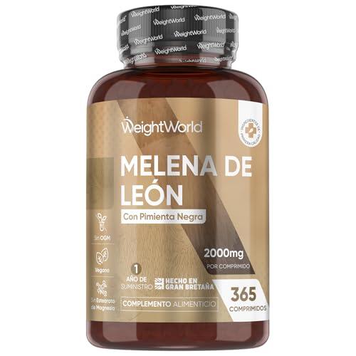 Melena de León 2000mg de Concentración 365 Comprimidos Veganos (1 Año de Suministro) - Extracto de Hongo Lions Mane o Hericium Erinaceus con Pimienta Negra, Sin OGM y Sin Gluten