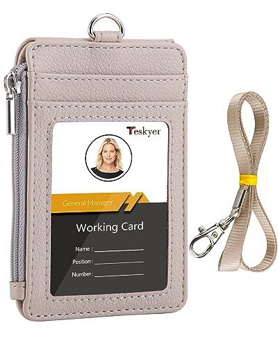 Teskyer Porta Tarjetas Identificativas, Tarjetero con Bolsillo con Cremallera, 1 Ventana de Identificación, Admite hasta 4 tarjetas, con Cordón, Cuero de PU, Beige