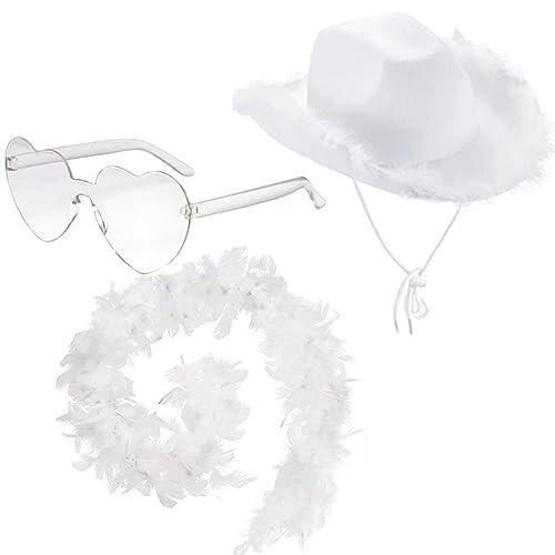 ZOOMPIL Sombrero de Vaquero Blanco con Boa De Plumas y Gafas de Amor, Sombrero Cowgirl de Fieltro Ajustable - Antideslizante y Estable, Ideal para Despedida de Soltera, Fiesta de Disfraces