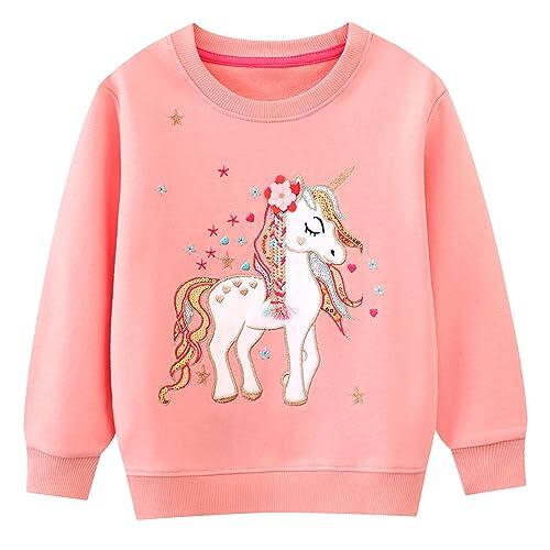 FILOWA Sudadera Niñas sin Capucha Unicornio Floral Bordado Pull-Over Manga Larga Sweat Camiseta Algodon Moda Cuello Redondo Casual Top Jersey para Infantil 6-7 años,Rosa