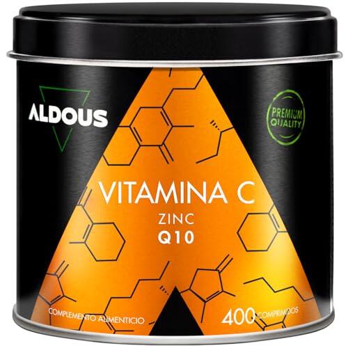 Vitamina C 1000 mg por dosis diaria + Zinc y Q10, 400 comprimidos - Vitaminas para el Cansancio, Resfriado, Sistema Inmunológico y Defensas - Vitamina C y Zinc Libre de Plástico - ALDOUS