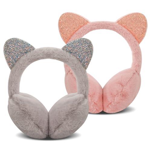 Forreen Orejeras de Invierno para Niñas, 2 Pcs Orejeras de Felpa Invierno Cálido Ajustables Gruesas Antifrío Lindo Gato Calentadores de Orejas con Lentejuelas para Actividades Aire Libre en Invierno