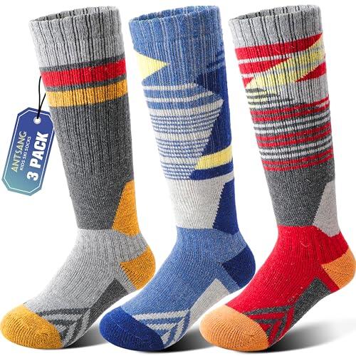 ANTSANG 3 Pares Calcetines Ski Lana Merino Niños Niñas Térmicos Abrigados Invierno Gruesos Acolchados para Snowboard Esquí(Rojo/Azul/Gris,34-38)