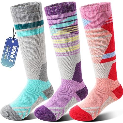 ANTSANG 3 Pares Calcetines Ski Lana Merino Niños Niñas Térmicos Abrigados Invierno Gruesos Acolchados para Snowboard Esquí(Morado/Rojo/Gris,29-34)