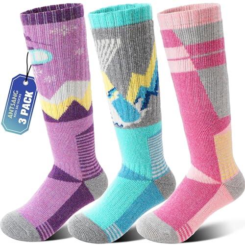 ANTSANG Calcetines de Esquí Niño Niña Lana Merino Invierno Térmicos Gruesos Cálidos Tobillo Alto para Esquí Snowboard 3 Pares(Morado/Verde/Rosa,29-34)