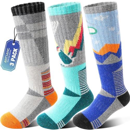 ANTSANG Calcetines de Esquí Niño Niña Lana Merino Invierno Térmicos Gruesos Cálidos Tobillo Alto para Esquí Snowboard 3 Pares(Gris/Naranja/Azul,29-34)