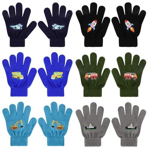 QKURT 6 Pares de Guantes para niños de 5 a 12 años, Guantes mágicos de Invierno Guantes con Dedos Completos, Manopla de Punto elástica con patrón de vehículos de Cohetes de Coche para niños y niñas