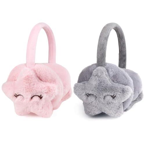 CHENKEE Orejeras de Invierno, 2 Piezas Orejeras Plegables Cálido Orejeras de Frio Orejeras Unisex Felpa Peluche Earmuffs de Felpa Suave Ajustable, Rosa, Gris