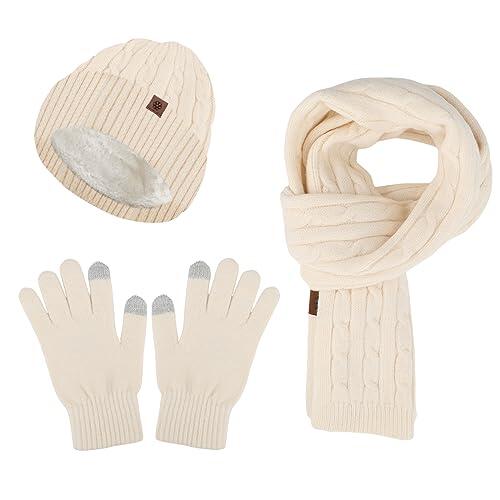 WingFly Mujeres Invierno Gorro Termico Guantes Tactiles Bufanda de Cuello Conjunto con Forro Polar Regalo Mujer Hombre, Talla única