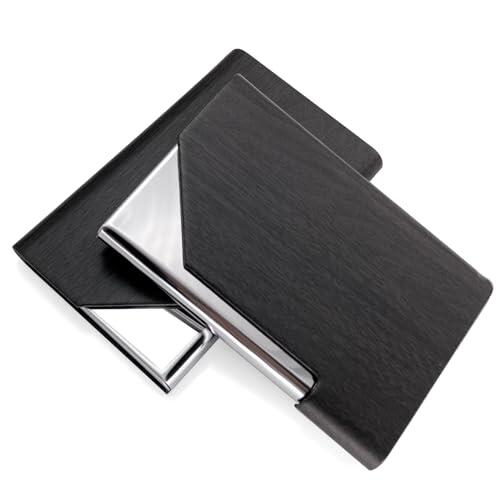 Senbaler 2 Piezas Porta Tarjetas de Visita,Aceros Inoxidables Tarjetero,Funda PU,Estuche para Tarjetas de Crédita para Hombre y Mujer (Negro)