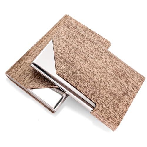 Senbaler 2 Piezas Porta Tarjetas de Visita,Aceros Inoxidables Tarjetero,Funda PU,Estuche para Tarjetas de Crédita para Hombre y Mujer (Color Madera)