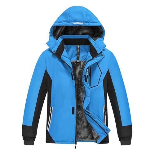 MoFiz Chaquetas de Esquí para Niño Invierno Forro Cálido Abrigo Impermeable de Nieve Montaña Antiviento con Capucha Desmontable Azul/Negro M(10-12años)