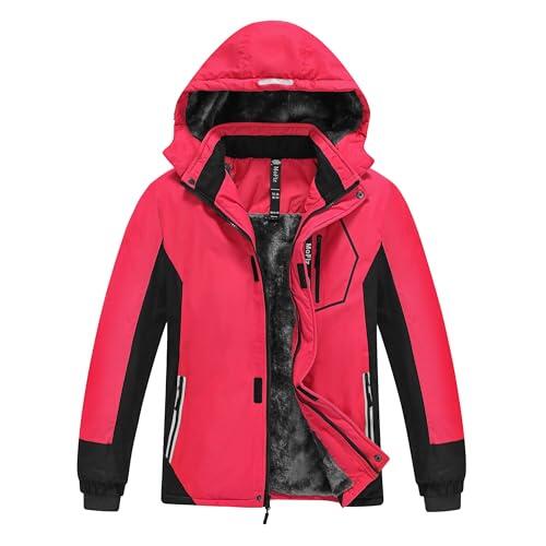 MoFiz Chaquetas de Esquí para Niño Invierno Forro Cálido Abrigo Impermeable de Nieve Montaña Antiviento con Capucha Desmontable Rojo/Gris oscuro M(10-12años)