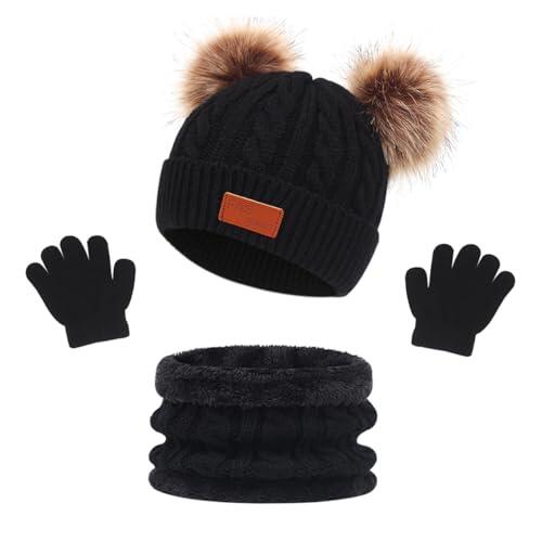 LINSOCLE Conjunto Gorro Bufanda y Guantes Niña-Niño, Set de Bufanda Sombrero Guantes para Niños en Invierno, Gorro de Lana con Pompones y Braga de Cuello Polar para Niños de 2 a 6 Años