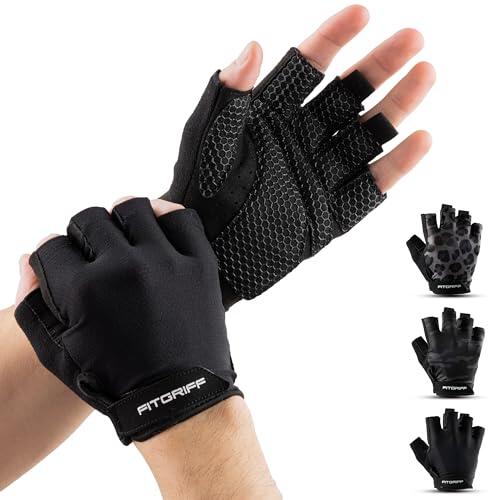 Fitgriff® Guantes Gimnasio Hombre y Mujer (Acolchado) - Accesorios para Gym, Fitness, Entrenamiento y Levantamiento de Pesas (7, Black)