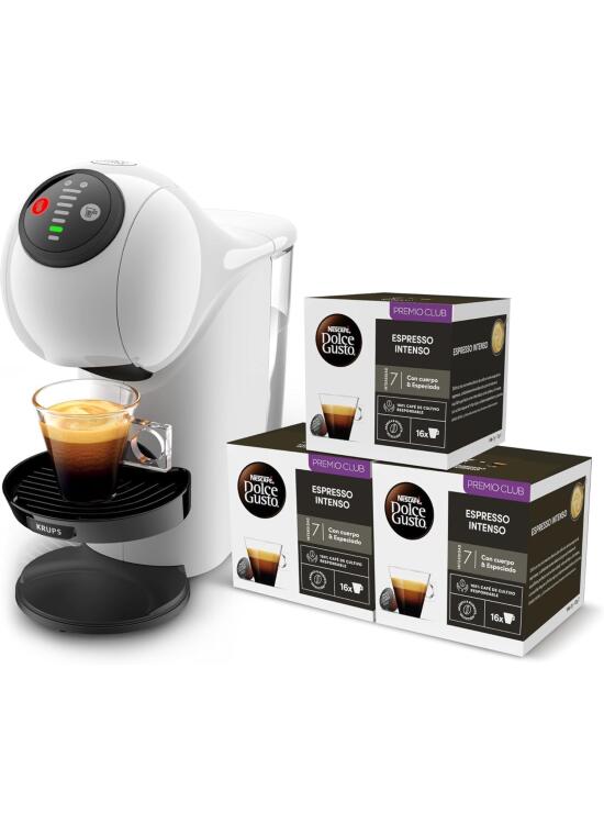 Krups Nescafé Dolce Gusto Genio S, Máquina Compacta de Cápsulas Multibebidas, Alta Presión, Espresso con Crema en 30 Segundos, Parada Automática, Diseño XL, Blanca + 3 Packs de Café Intenso