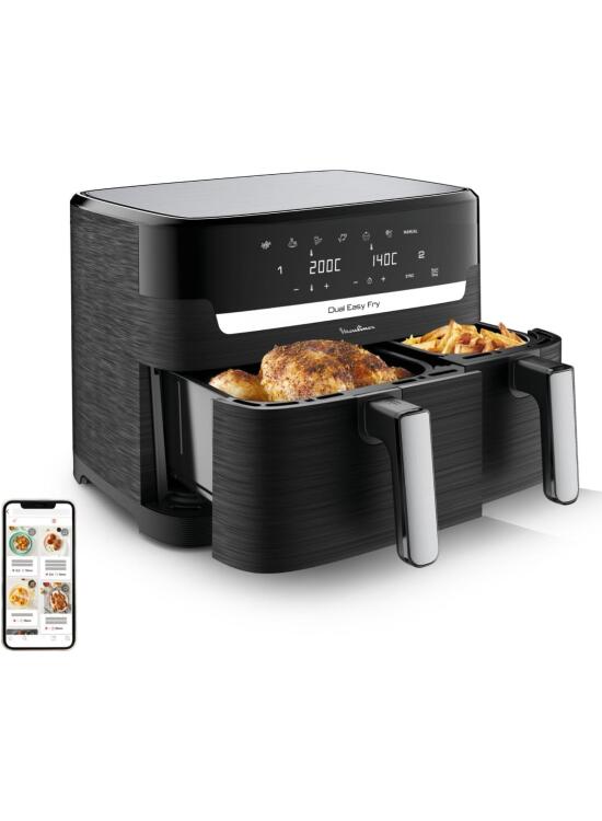 Moulinex Dual Easy Fry 8,3 L – Freidora de aire dual, ahorro energético de hasta 70%, capacidad de 5,2 L y 3,1 L, 7 programas, resultados crujientes, apto lavavajillas, recetario digital, EZ9018